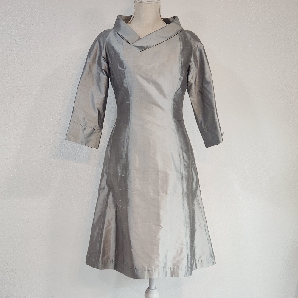 B Michael America Red Collection Metallic Silver Vintage Modest Dress Sz 2